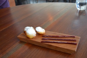 Sweet potato scallops and sticky rhubarb