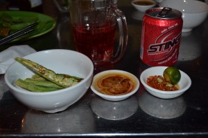 Ochro, fermented tofu and chilli oil, green kumquat with chilli salt